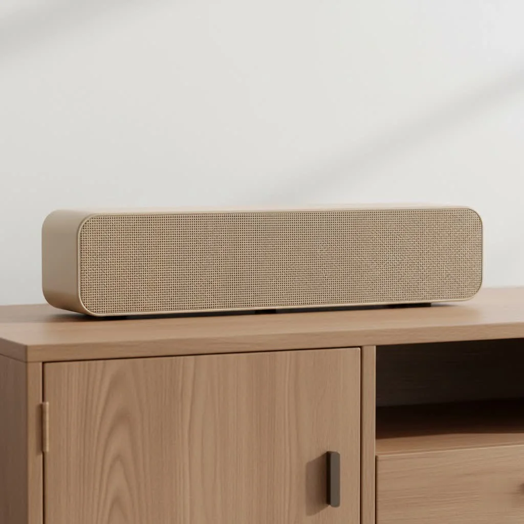 TCL sound bar positioned in front of a television