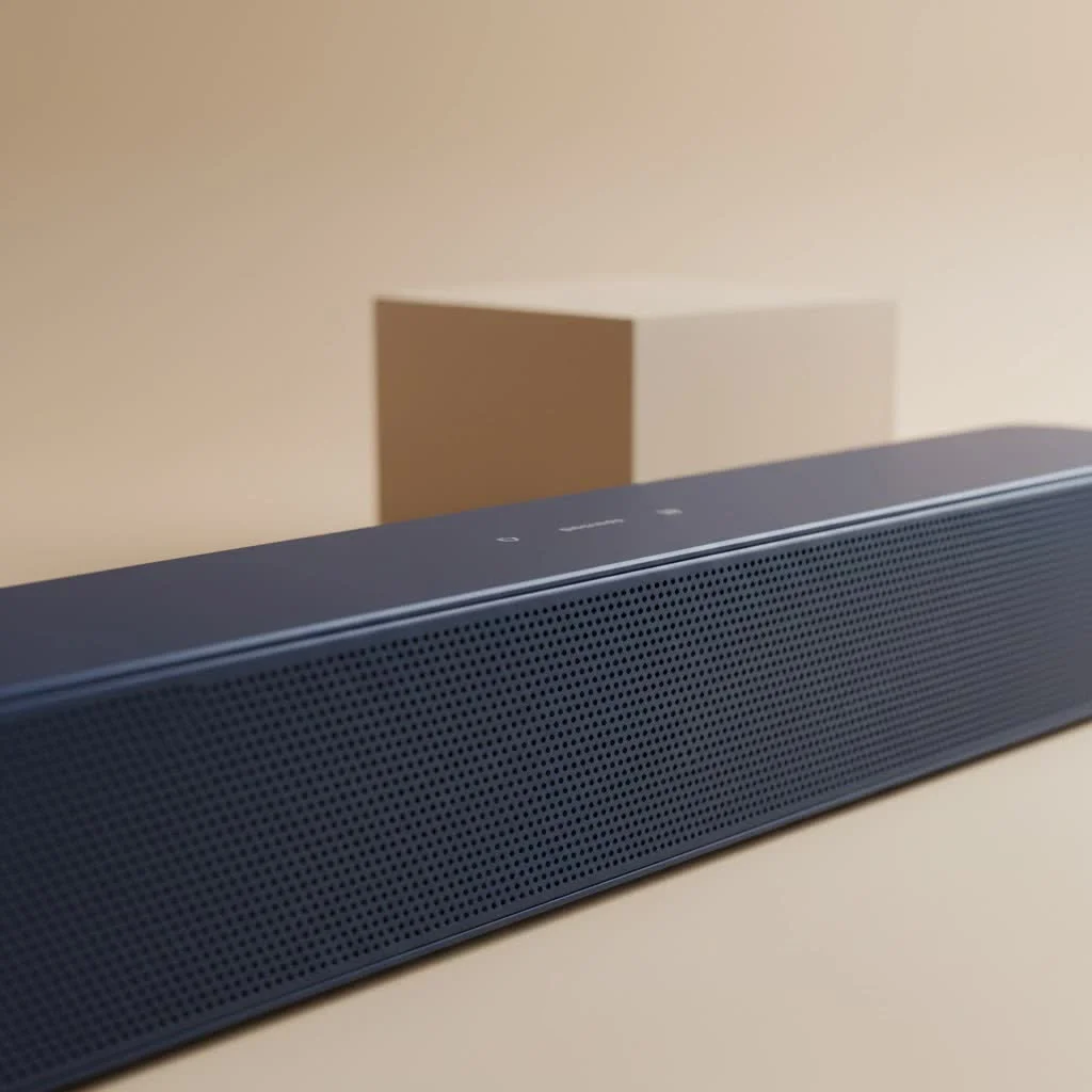 Compact sound bar placed neatly under a computer monitor