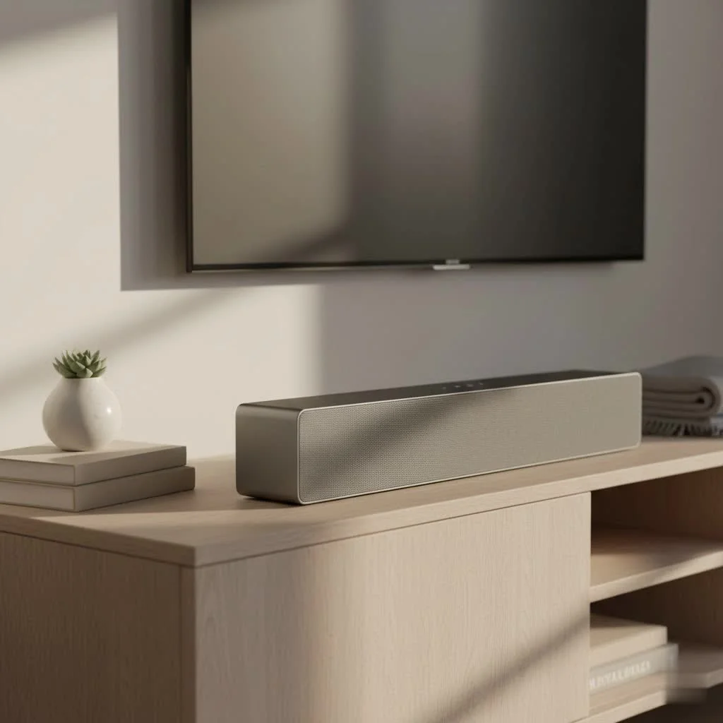 Modern home theater sound bar setup under a television