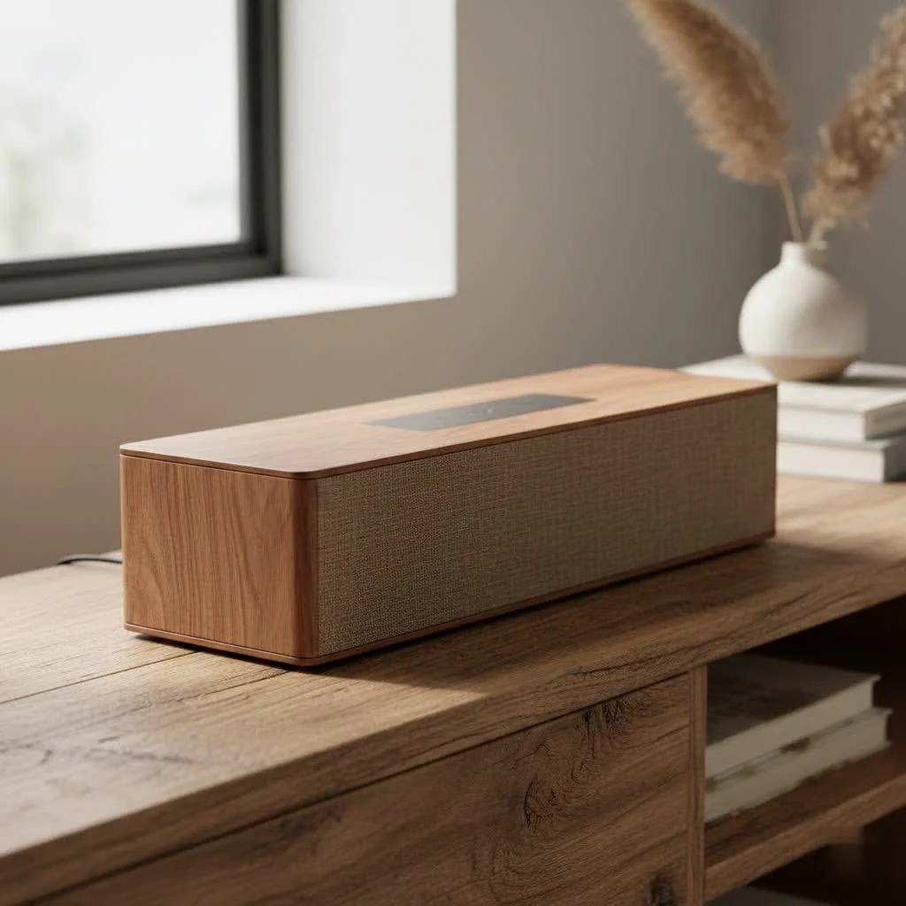 Soundbar and wireless subwoofer setup in a modern living room