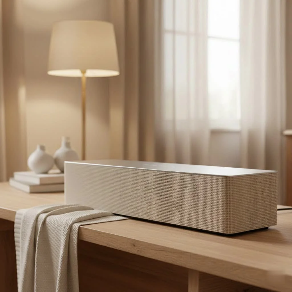 Compact soundbar placed in front of a television