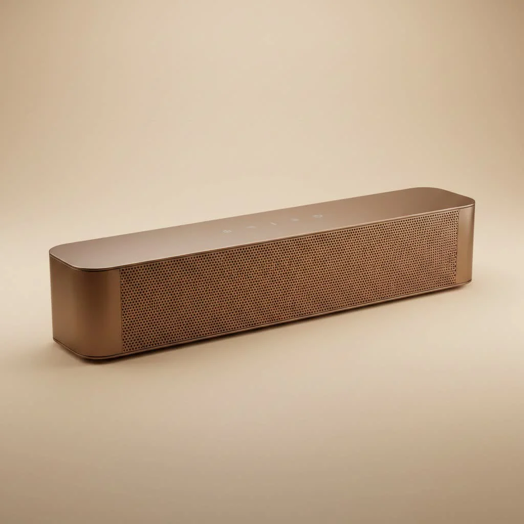 ZVOX sound bar with remote control on a TV stand