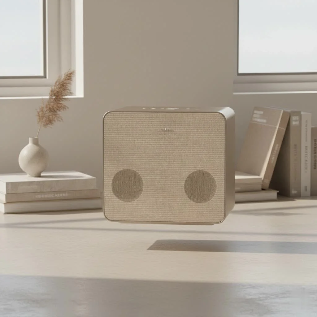 Compact sound bar neatly placed under a television