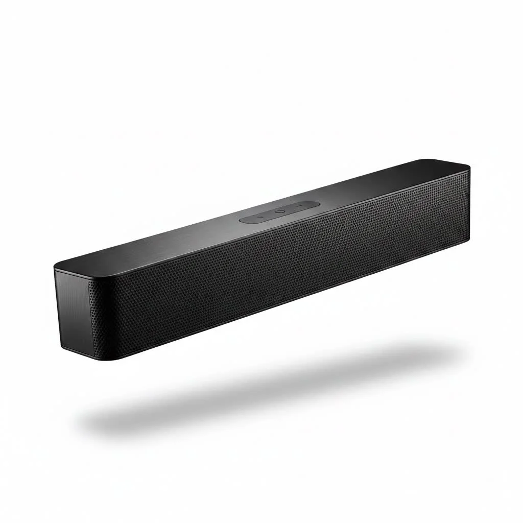 Sound bar with a remote control on a wooden surface