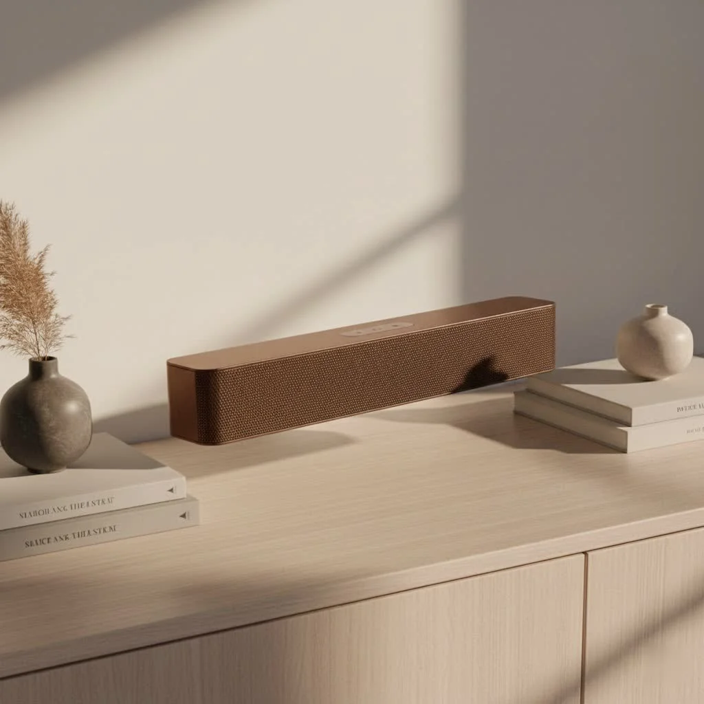 LG soundbar and subwoofer setup in a modern living room